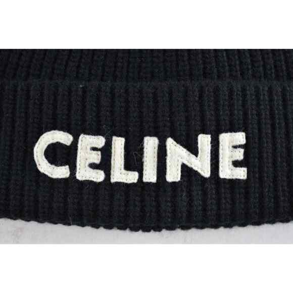 Celine Paris Black White Logo Laine Knit Wool Embroidered Beanie Cap Winter Hat - Picture 5 of 12